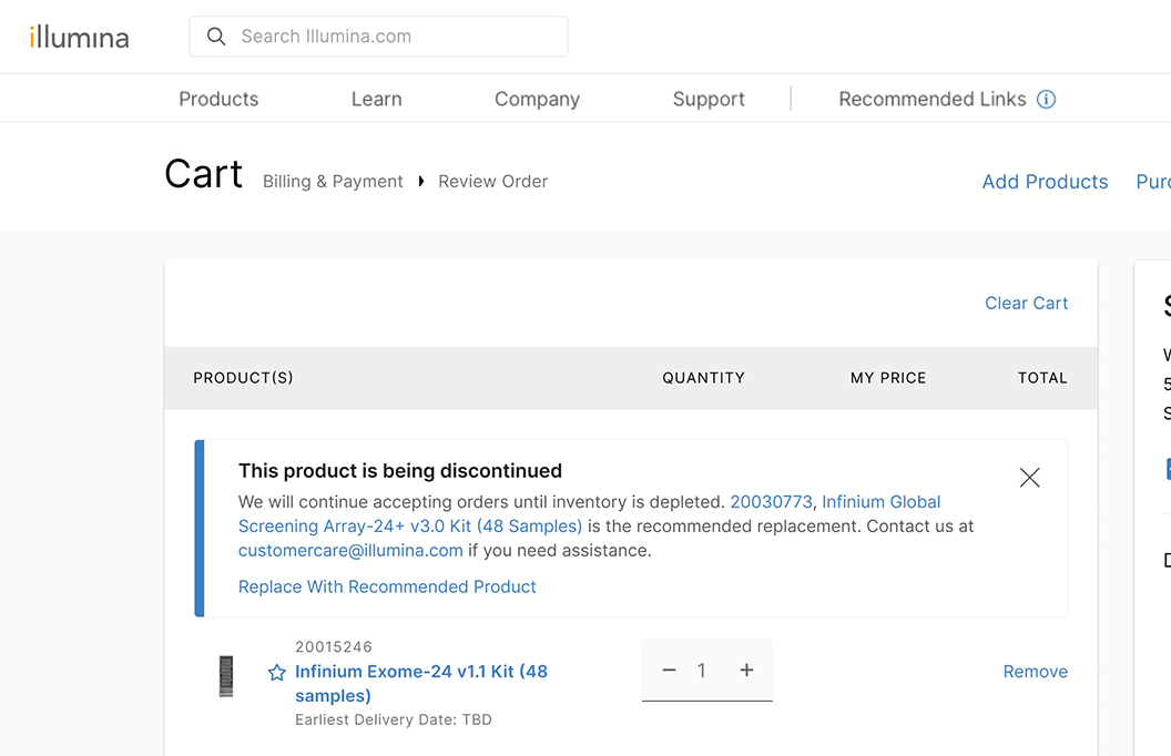 Illumina cart alert showing replacement product recommendations