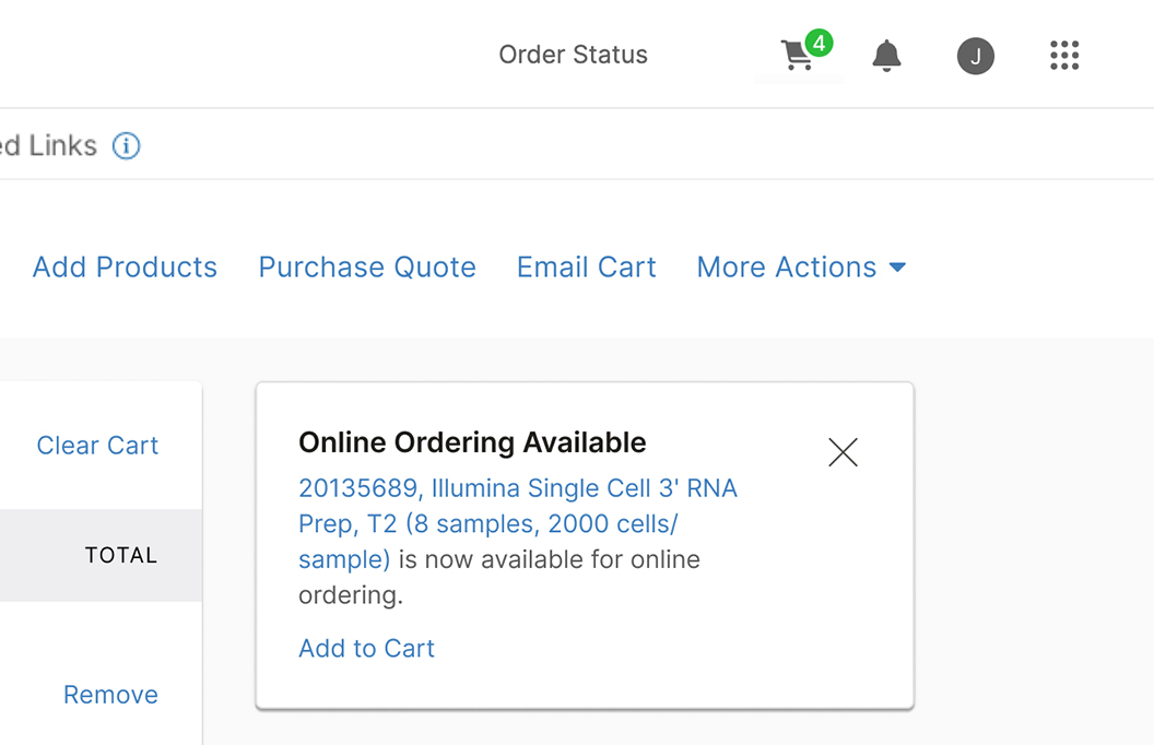Marketing alert within Illumina cart