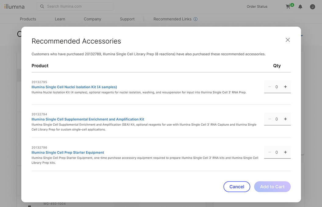 Illumina cart showing accessory recommendations