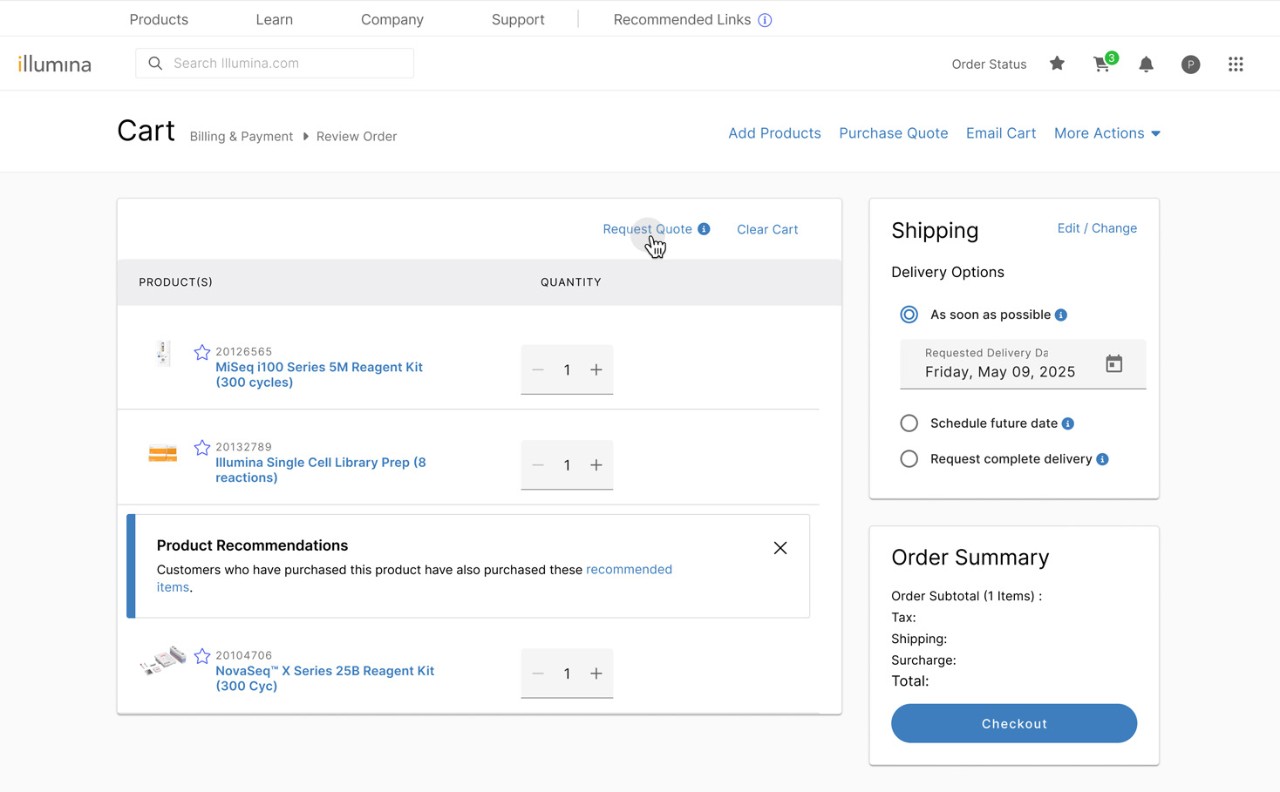 Illumina cart showing accessory recommendations