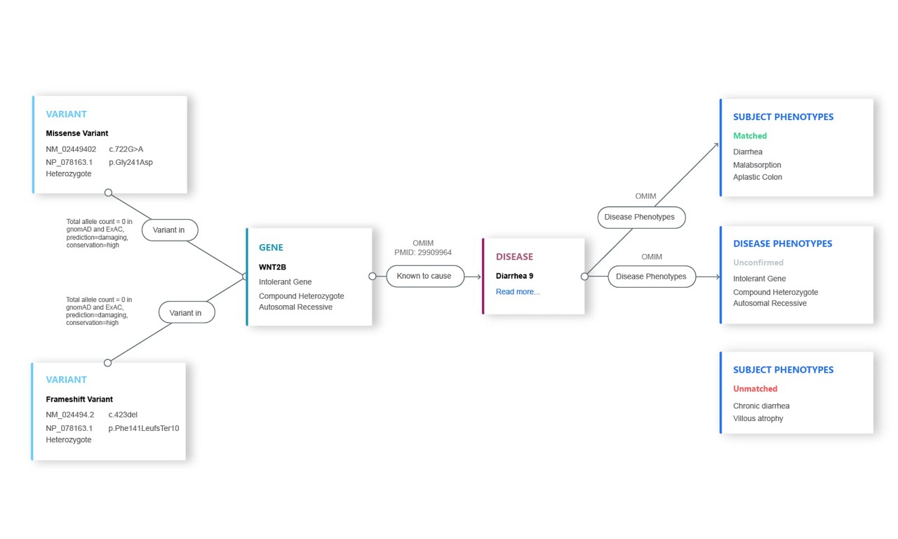 Visual showing how AI connects rare gene variants to a disease and matches patient symptoms to known phenotypes.