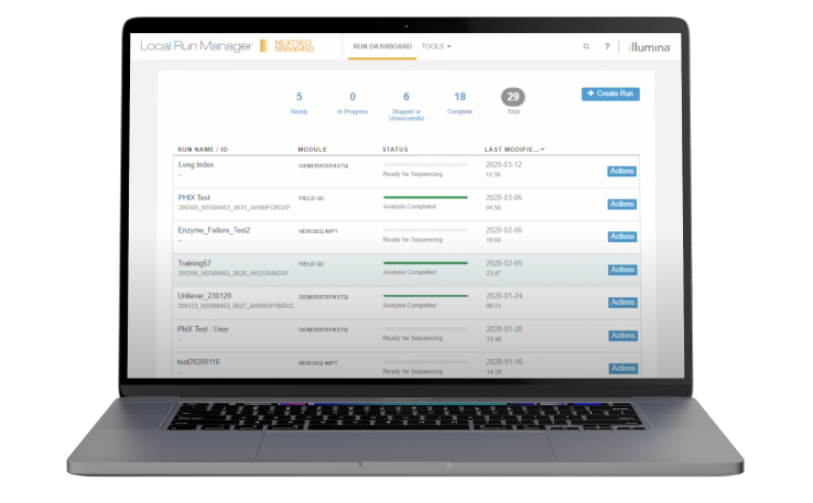 laptop showing Illumina Local Run Manager home page